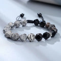 Buddha Stones Natural Irregular Cut Obsidian Grey Jasper 925 Sterling Silver Rolled Leaf Bead Protection Bracelet
