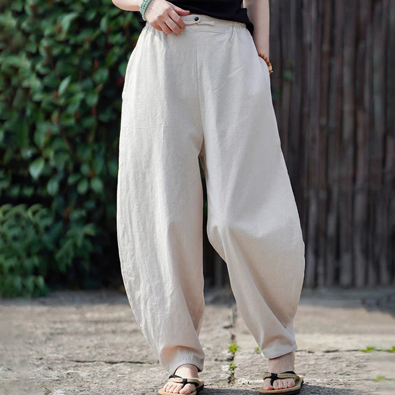 Buddha Stones Summer Plain One Chinese Frog-Button Straight Leg Design Men's Cotton Linen Pants With Pockets