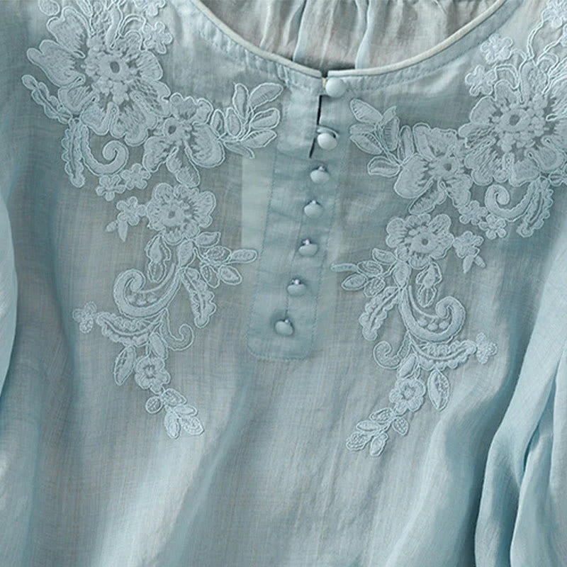 Buddha Stones Flower Vines Embroidery Button Crew Neck Three Quarter Sleeve Women's Cotton Shirt
