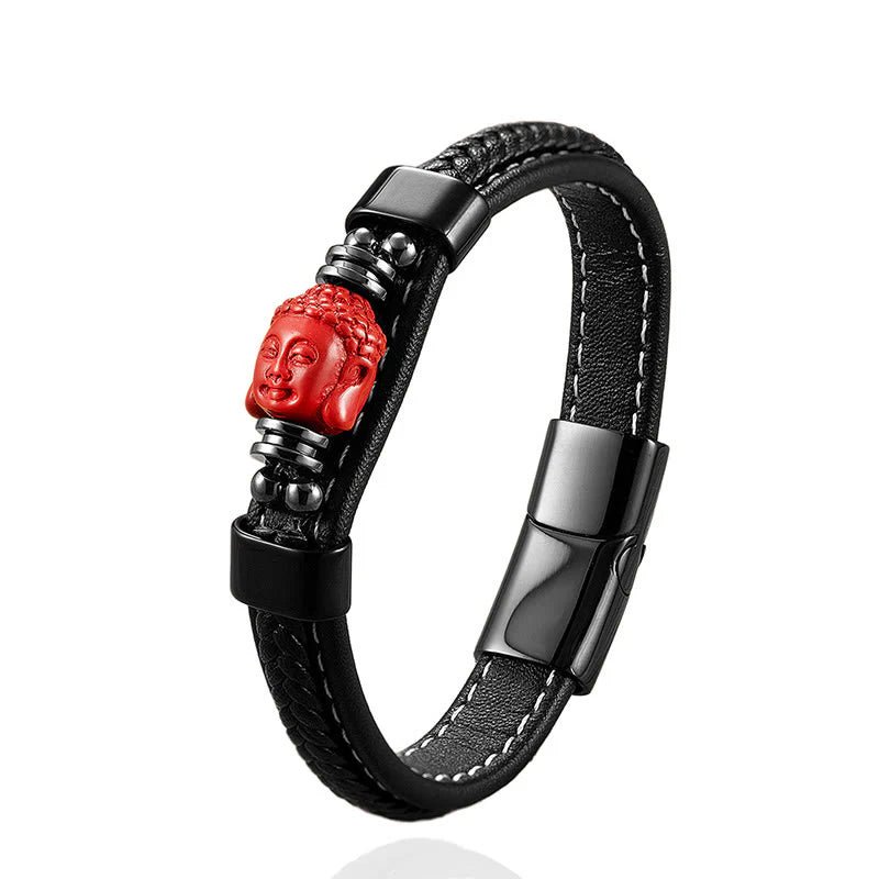 Buddha Stones Cinnabar Buddha Symbol Koi Fish Dragon Fu Character Pi Xiu Design Leather Blessing Bracelet