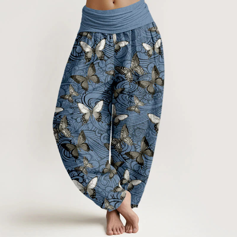 Buddha Stones Pure Cotton Gray Black Butterfly Striped Women's Elastic Waist Harem Pants
