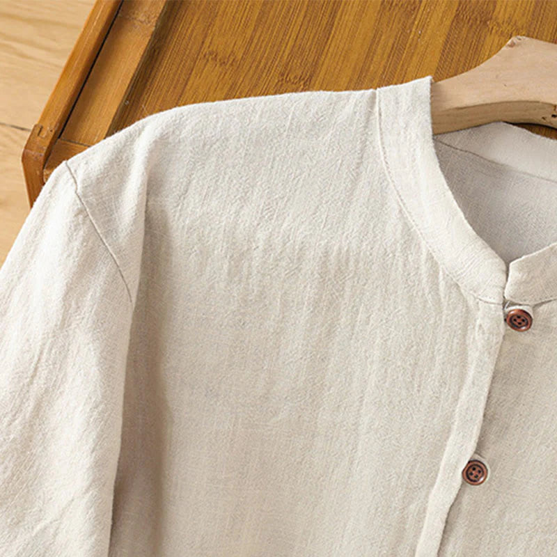 Buddha Stones Spring Solid Color Simple Hem Slit Design Cotton Linen Women's Shirt