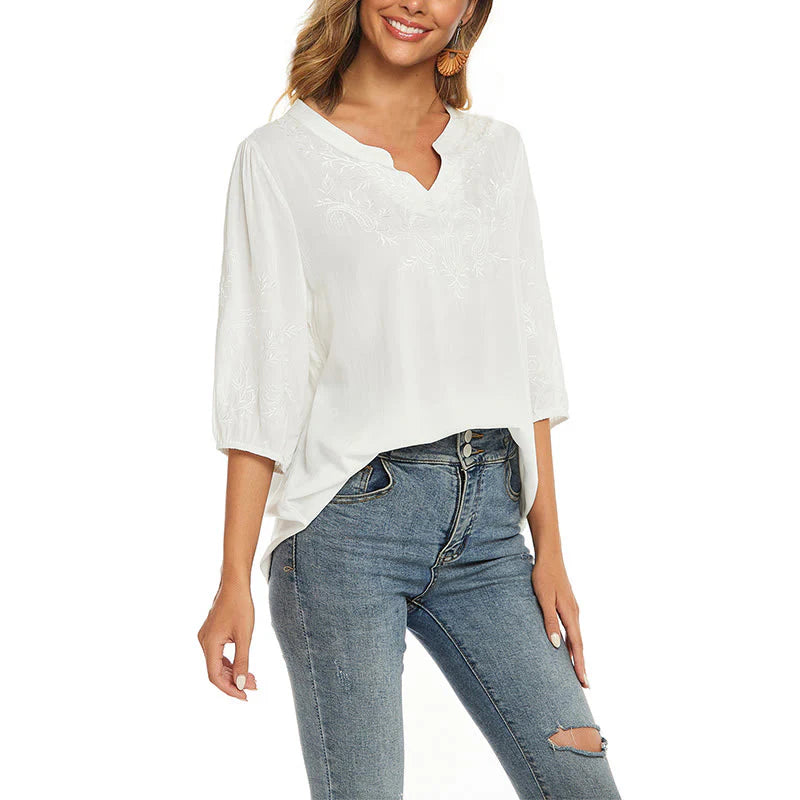 Buddha Stones Casual Solid Color Embroidery Flower Three Quarter Sleeve V-Neck Women's T-Shirt