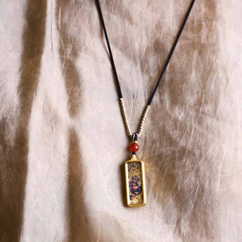 Buddha Stones Tibet Zakiram Yellow God of Wealth Nine Tailed Fox Hand-Painted Thangka Calm Necklace Pendant