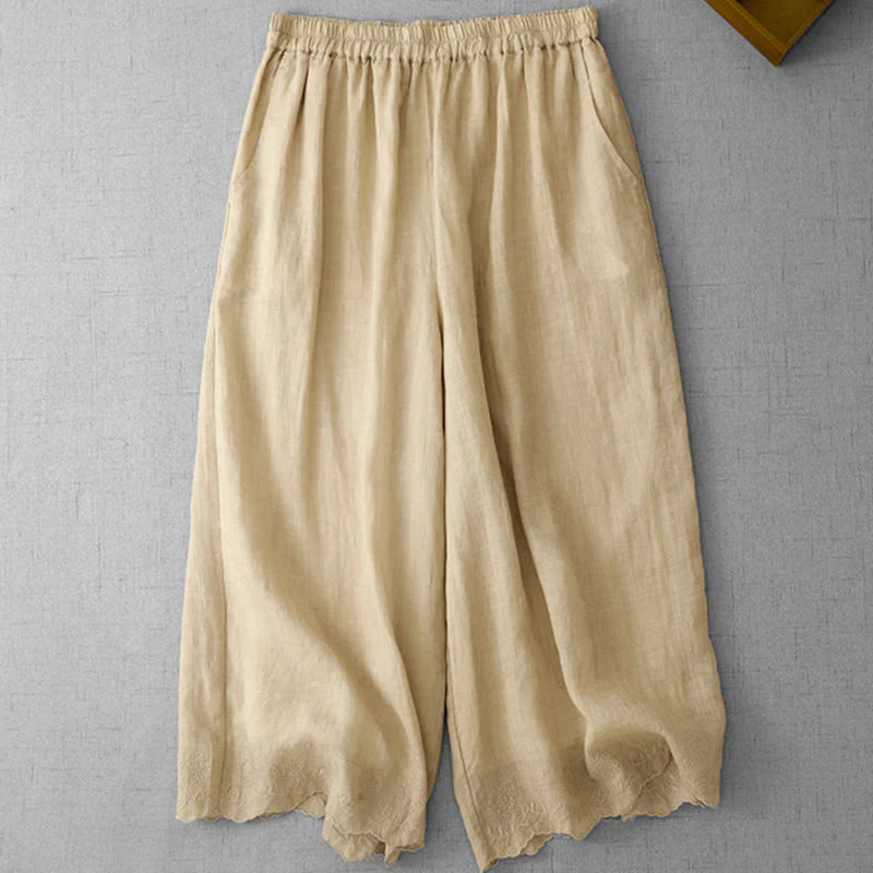Buddha Stones Commute Solid Color Lace Embroidery Design Cotton Women's Wide Leg Cropped Pants With Pockets