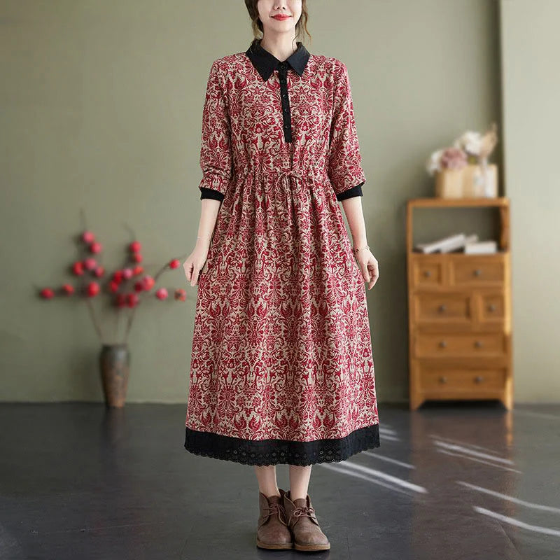 Buddha Stones Ethnic Printed Drawstring Long Sleeve Cotton Midi Dress With Pockets