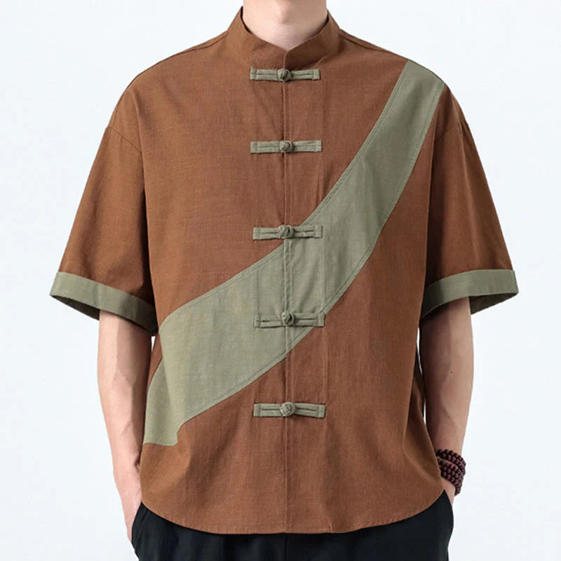 Buddha Stones Spring Color Contrast Chinese Frog-Button Design Men's Half Sleeve Cotton Linen Shirt