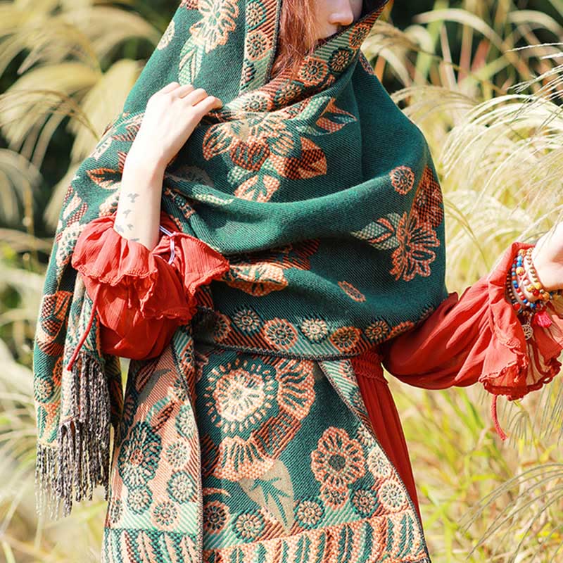 Buddha Stones Jacquard Ethnic Paisley Plants Pattern Tassel Soft Thermal Scarf Shawl
