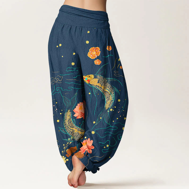 Buddha Stones Koi Fish Lotus Pattern Women's Elastic Waist Harem Pure Cotton Printed Pants