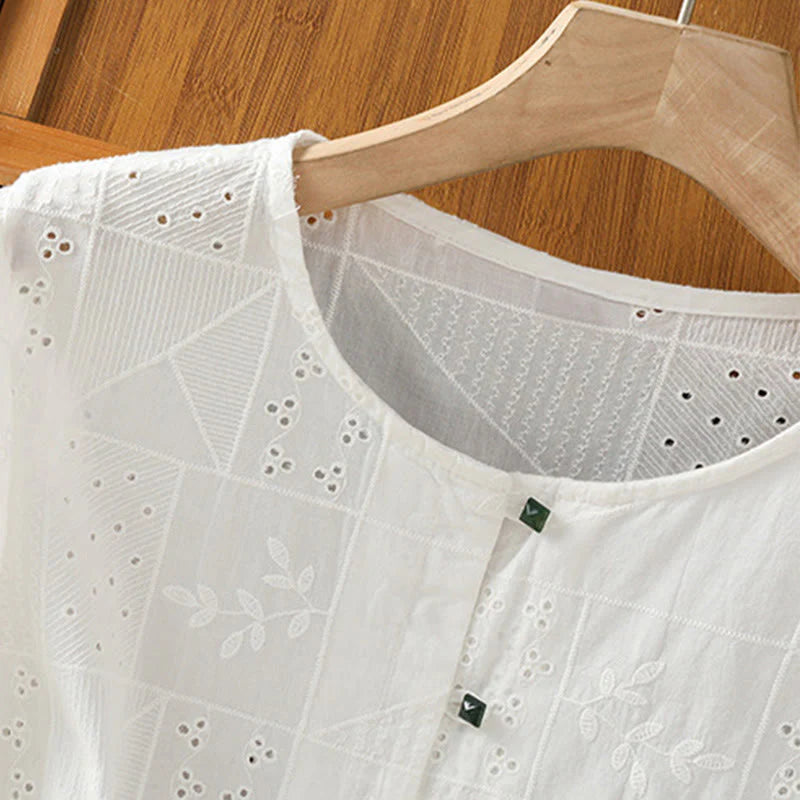 Buddha Stones Casual Embroidery Hollow Cotton Polyester Half Sleeve Women's Crew Neck Shirt