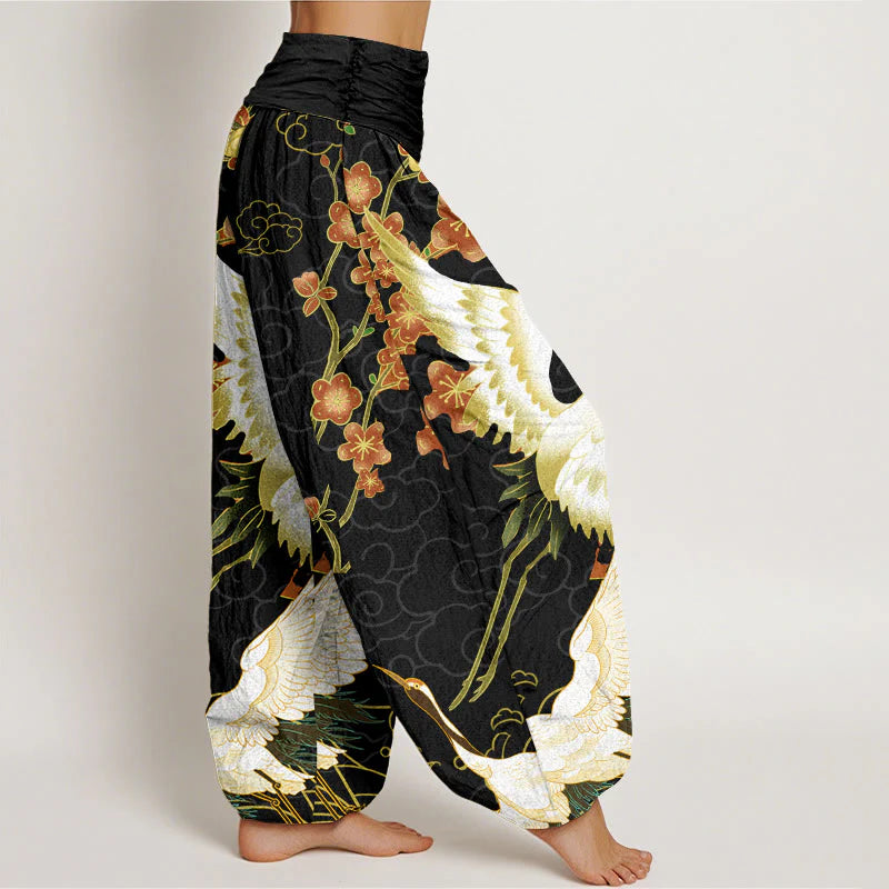 Buddha Stones Pure Cotton Cranes Flowers Auspicious CloudsÂ Pattern Women's Elastic Waist Harem Pants