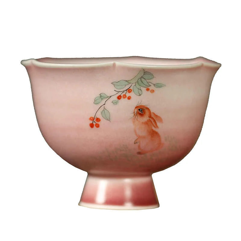 Buddha Stones Hand-painted Rabbit Orchid Flower Begonia Ceramic Teacup Kung Fu Tea Cup 75ml