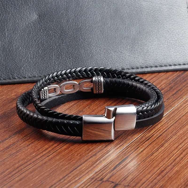 Buddha Stones Handmade Chain Link Design Titanium Steel Leather Strengthen Bracelet