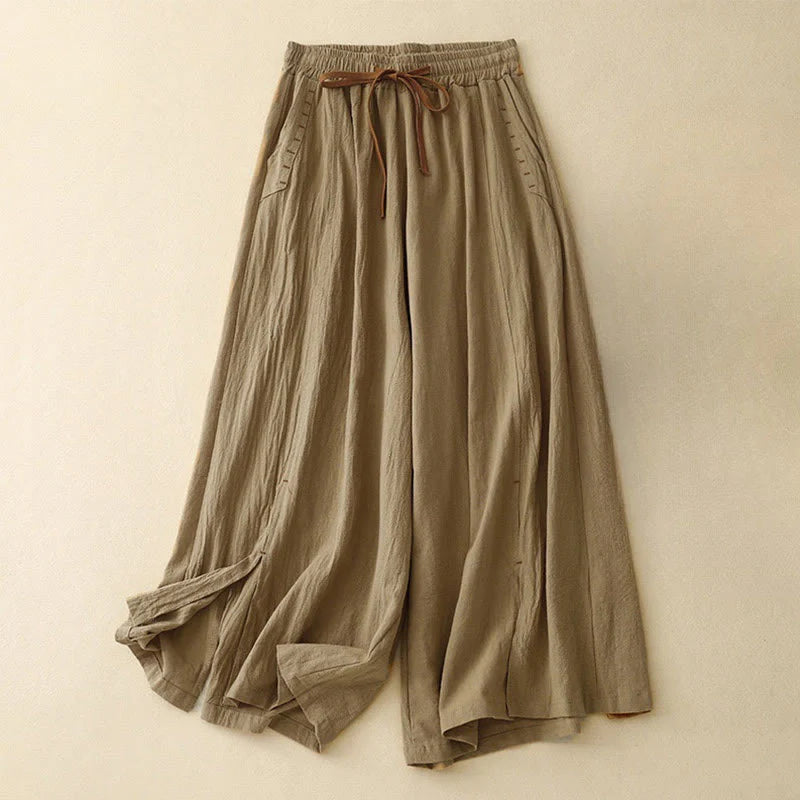 Buddha Stones Casual Simple Design Drawstring Split Cotton Linen Women's Wide Leg Pants With Pockets