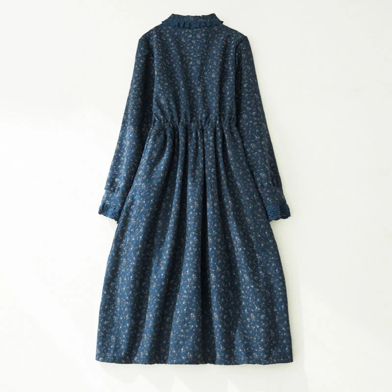 Buddha Stones Floral Pattern Lace Patchwork Design Long Sleeve Corduroy Midi Dress With Pockets
