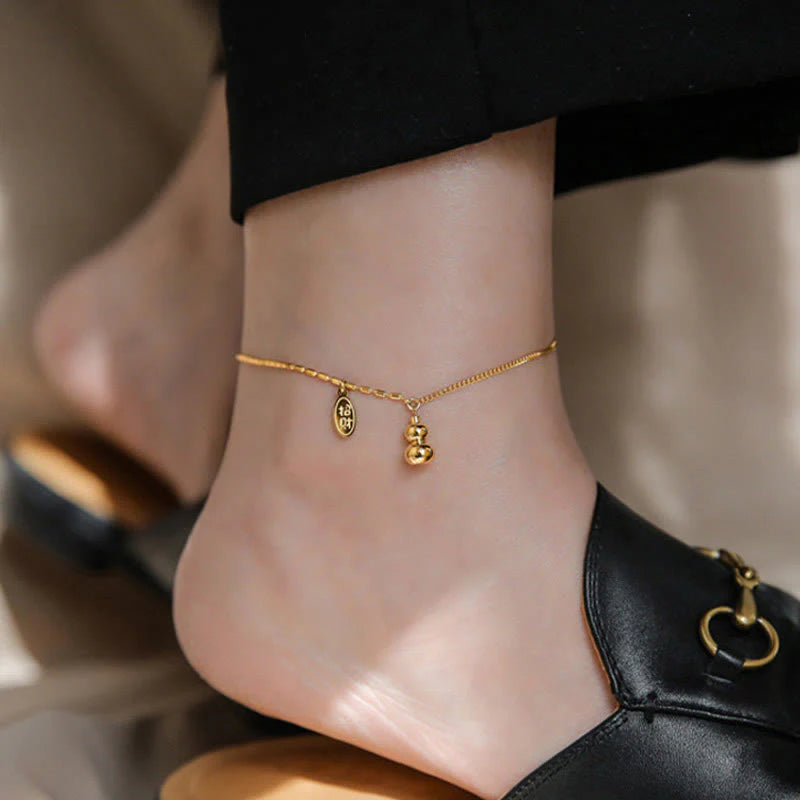 Buddha Stones 18k Gold Plated Copper Lucky Gourd Design Wealth Buckle Anklet