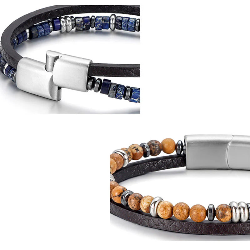 Buddha Stones Lapis Lazuli Tiger Eye Bead Balance Leather Bracelet