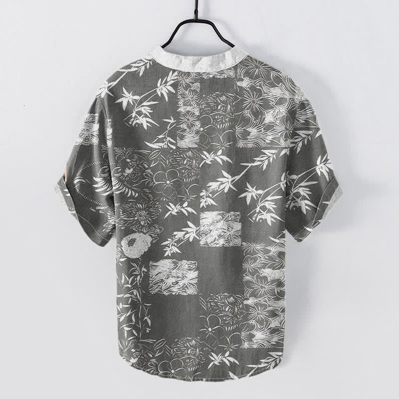 Buddha Stones Cotton Bamboo Plum Emblem Men's Short Sleeve Half Button Shirt