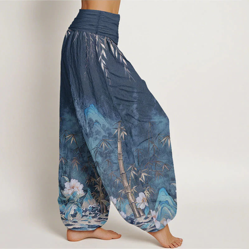 Buddha Stones Cotton Natural Landscape Bamboo Flowers Pattern Women's Elastic Waist Harem Pants