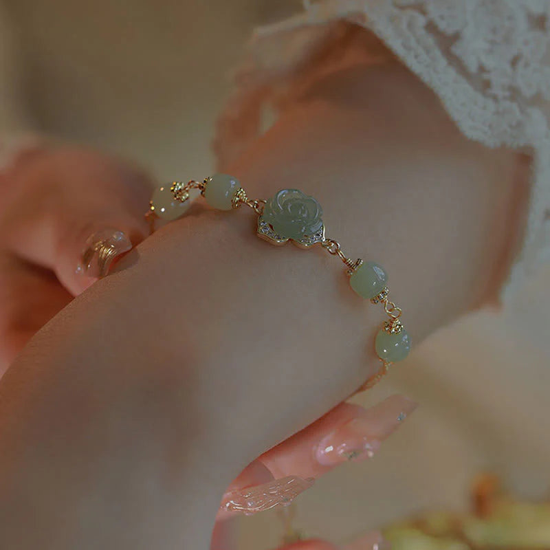 Buddha Stones 14K Gold Plated Hetian Jade Rose Flower Luck Chain Bracelet