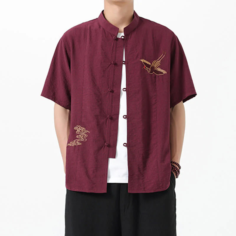 Buddha Stones Embroidery Buttons Half Sleeve Design Stand Collar Men's Cotton Shirt