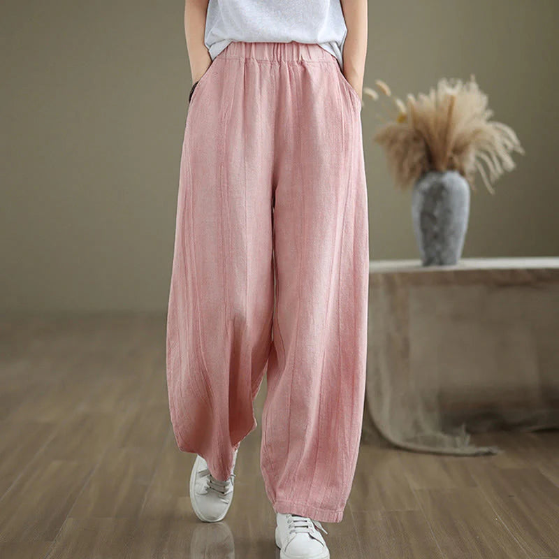 Buddha Stones Casual Plain Women's Cotton Linen Harem Pants With Pockets