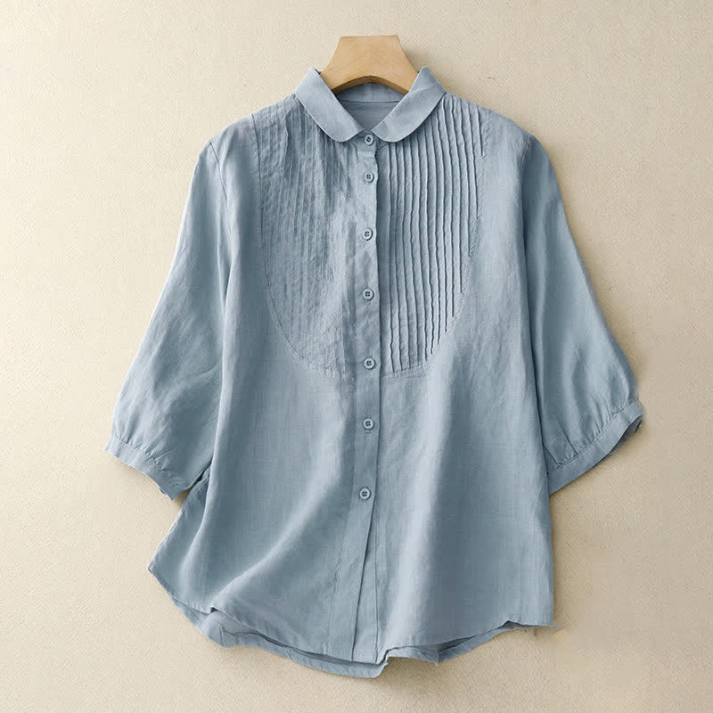Buddha Stones Spring Pleated Pintuck Peter Pan Collar Half Sleeve Women's Shirt
