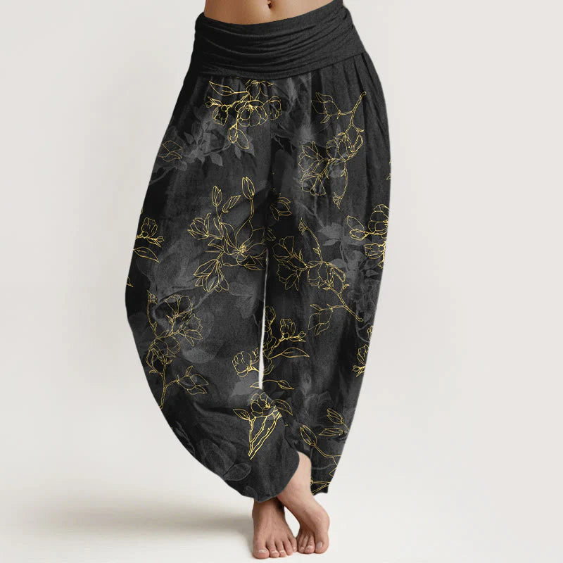Buddha Stones Cotton Fresh Flower Bud Pattern Women's Elastic Waist Harem Pants