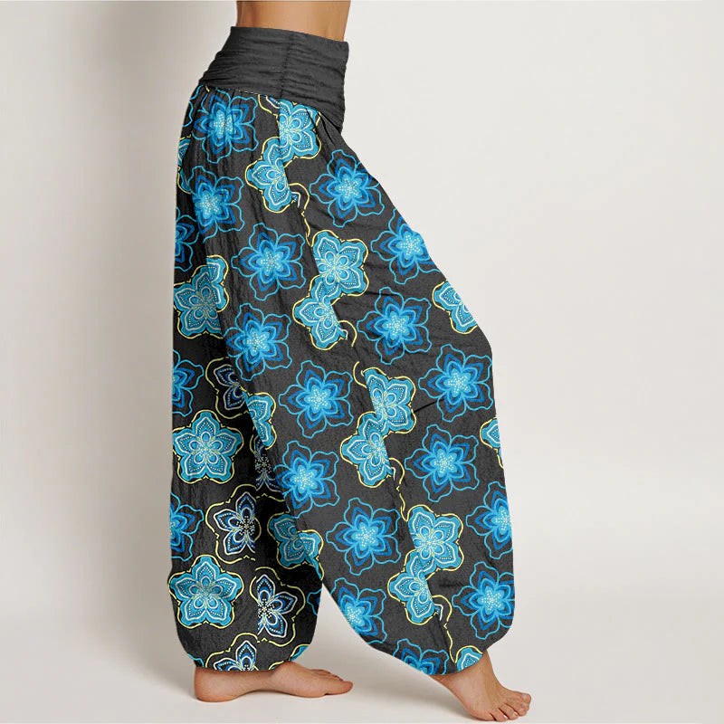 Buddha Stones Cotton Regular Layout Of Five-petal Flower Pattern Women's Elastic Waist Harem Pants