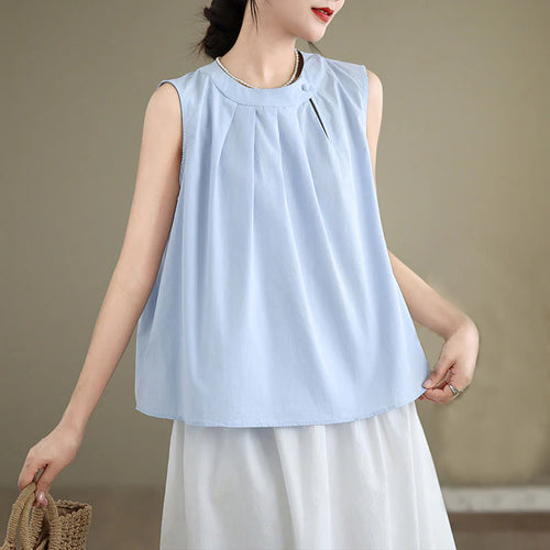 Buddha Stones Summer Solid Color Pleated Design Halter Neck Sleeveless Cotton Linen Women's Vest