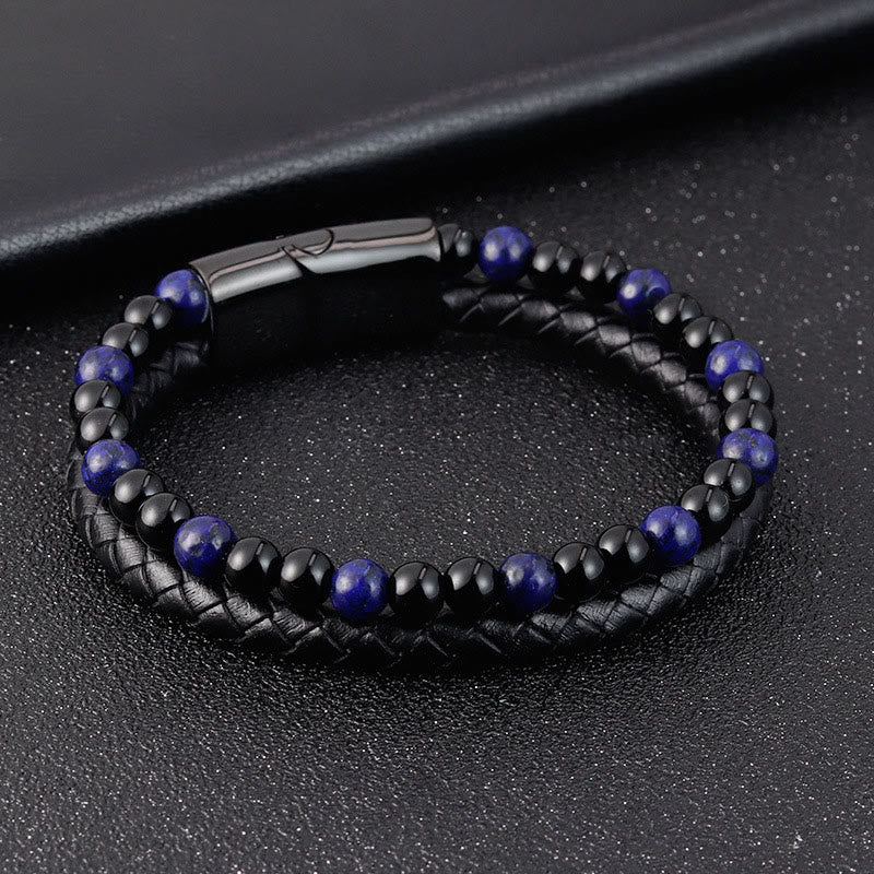 Buddha Stones Black Onyx Lazurite Lapis Lazuli Titanium Steel Positive Self Care Leather Bracelet