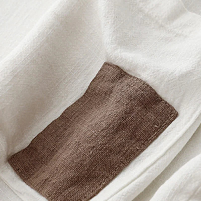 Buddha Stones Colorblock Side Slit  Frog-Button Cotton Linen Half Sleeve Women's Shirt With Pockets