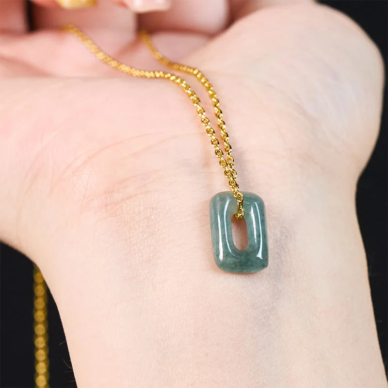 Buddha Stones Mini Square Green Jade Abundance Necklace Pendant