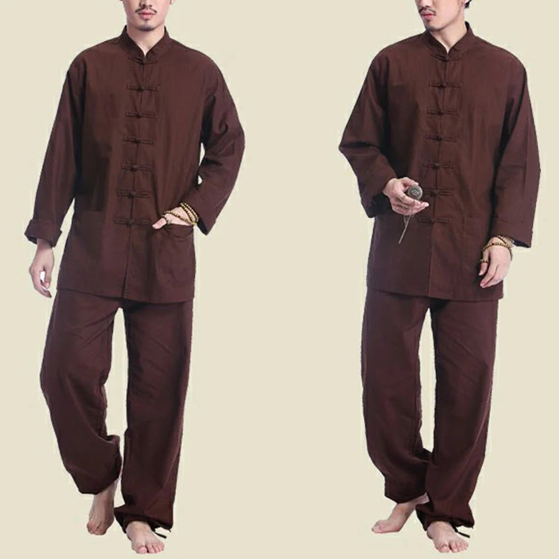 Buddha Stones Chinese Frog Button Design Meditation Prayer Cotton Linen Spiritual Zen Practice Yoga Clothing Men's Set