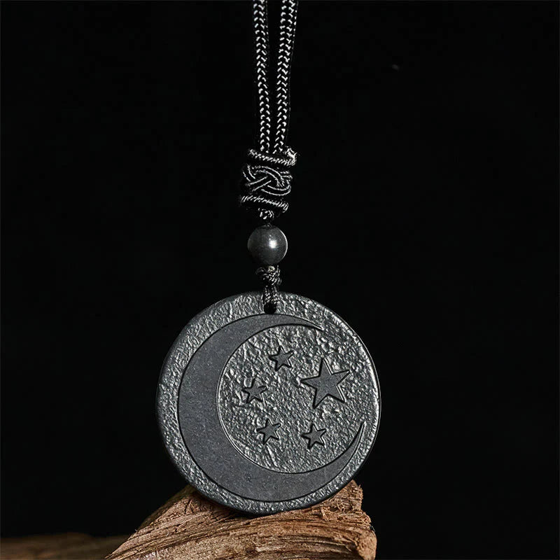 Buddha Stones Moon Star Round Design Authentic Shungite Stone Protection Necklace Pendant