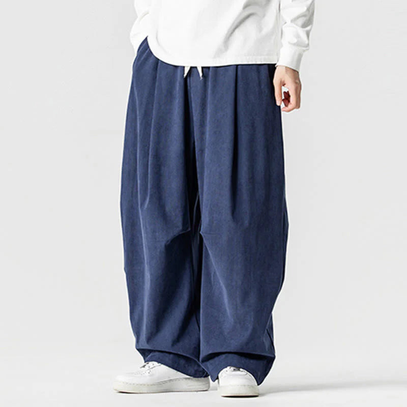 Buddha Stones Winter Drawstring Corduroy Cotton Men's Wide Leg Pants With Pockets