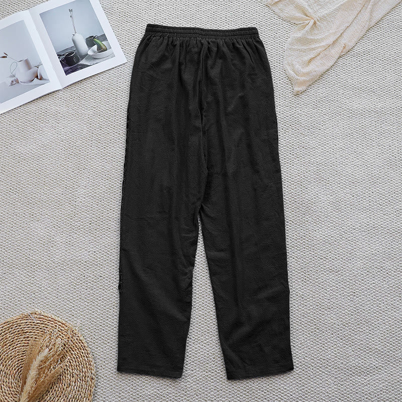 Buddha Stones Summer Plain Color Splicing Design Cotton Linen Women's Pants With Pockets