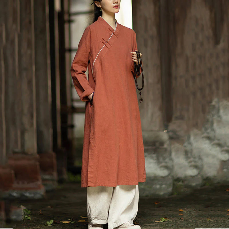 Buddha Stones Solid Frog-Button Long Sleeve Ramie Linen Midi Dress Cheongsam With Pockets