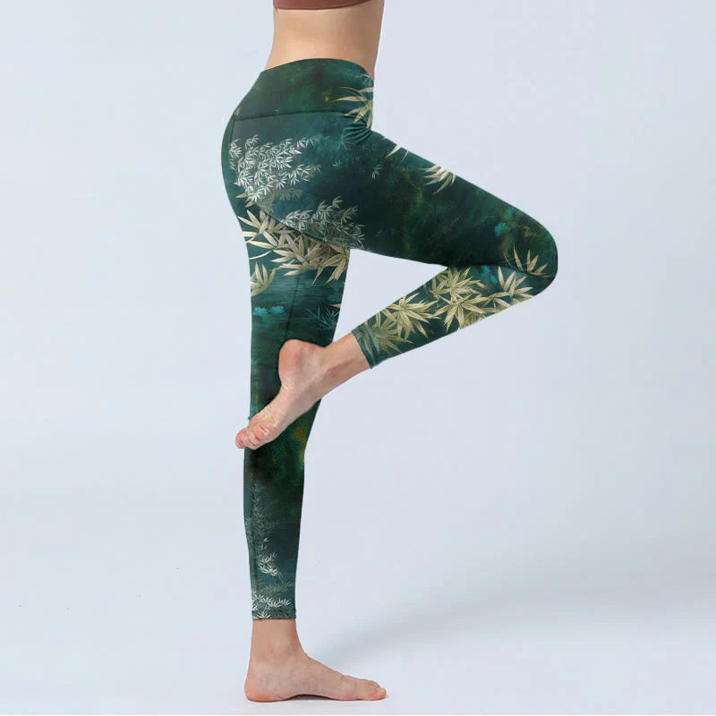 Buddha Stones Elegant Bamboo Leaf Pattern Print Gym Leggings Women's Yoga Pants