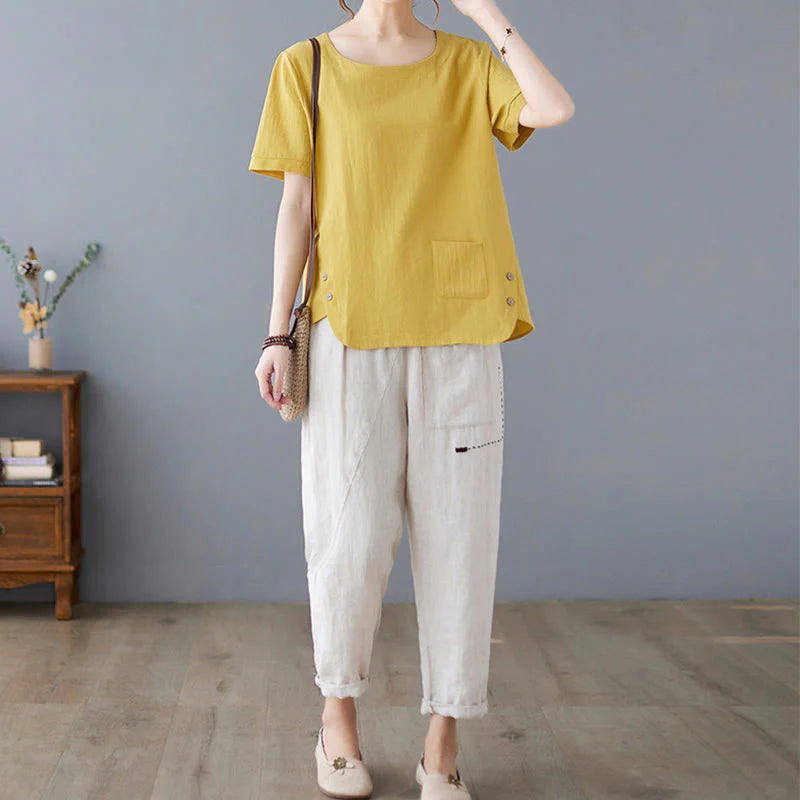Buddha Stones Side Slit Design Women's Cotton Linen Crew Neck Short Sleeve T-Shirt Wtih Pocket
