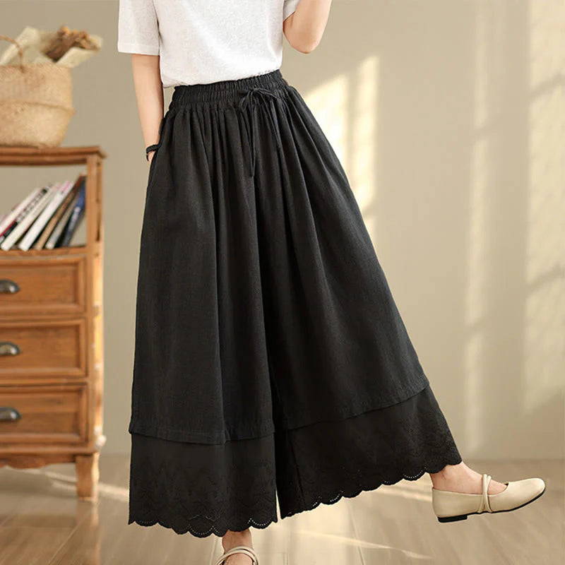 Buddha Stones Spring Embroidery Lace Hem Patchwork Drawstring Design Women's Wide Leg Cotton Pants With Pockets
