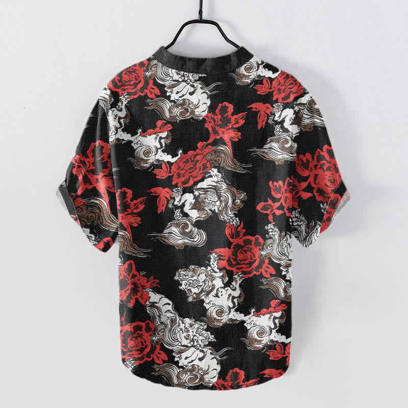 Buddha Stones Cotton Red Floral Cloud Print Henley Men's Short Sleeve Half Button Shirt
