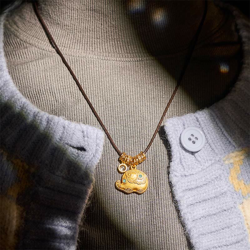 Buddha Stones Elephant Symbol 24k Gold Plated Brass Strength Rope Necklace Pendant