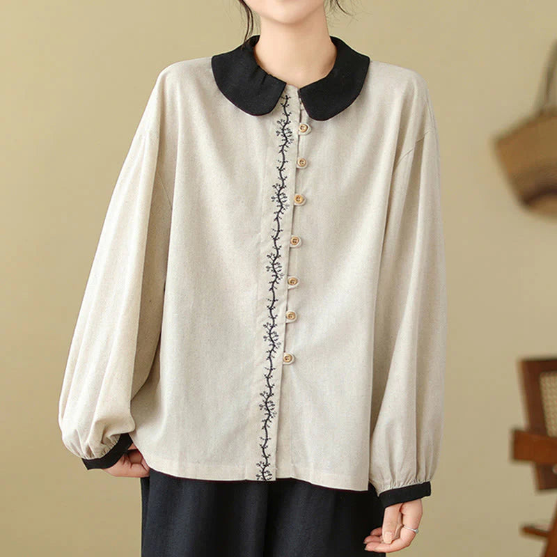 Buddha Stones Spring Embroidery Buttons Design Women's Cotton Peter Pan Collar Long Sleeve Shirt