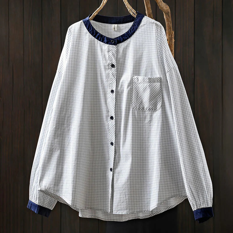 Buddha Stones Plaid Contrasting Buttons Down Long Sleeve Women's Cotton Shirt
