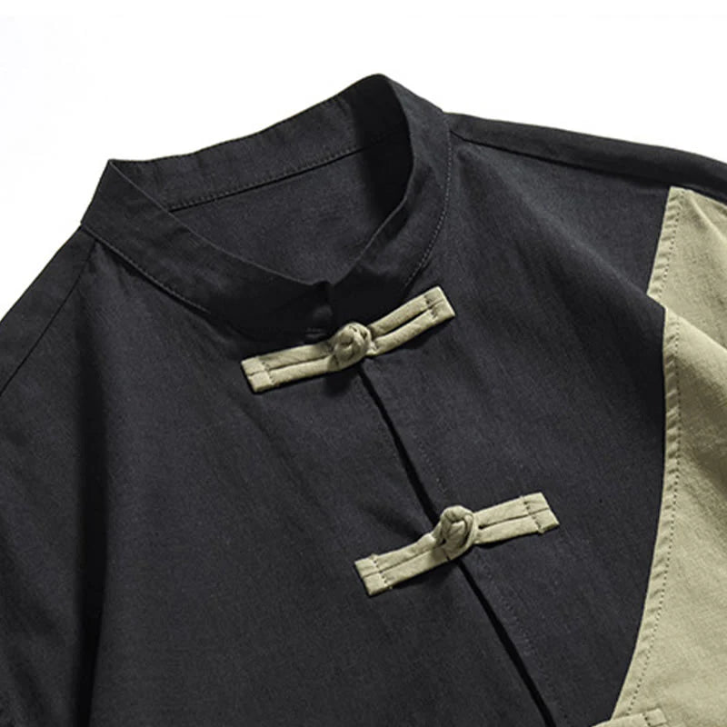 Buddha Stones Spring Color Contrast Chinese Frog-Button Design Men's Half Sleeve Cotton Linen Shirt
