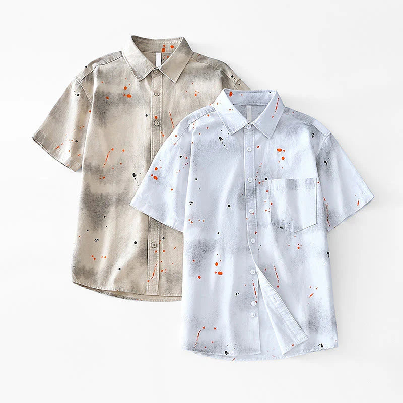 Buddha Stones Summer Ink Splashing Color Men's Button Short Sleeve Cotton Shirt