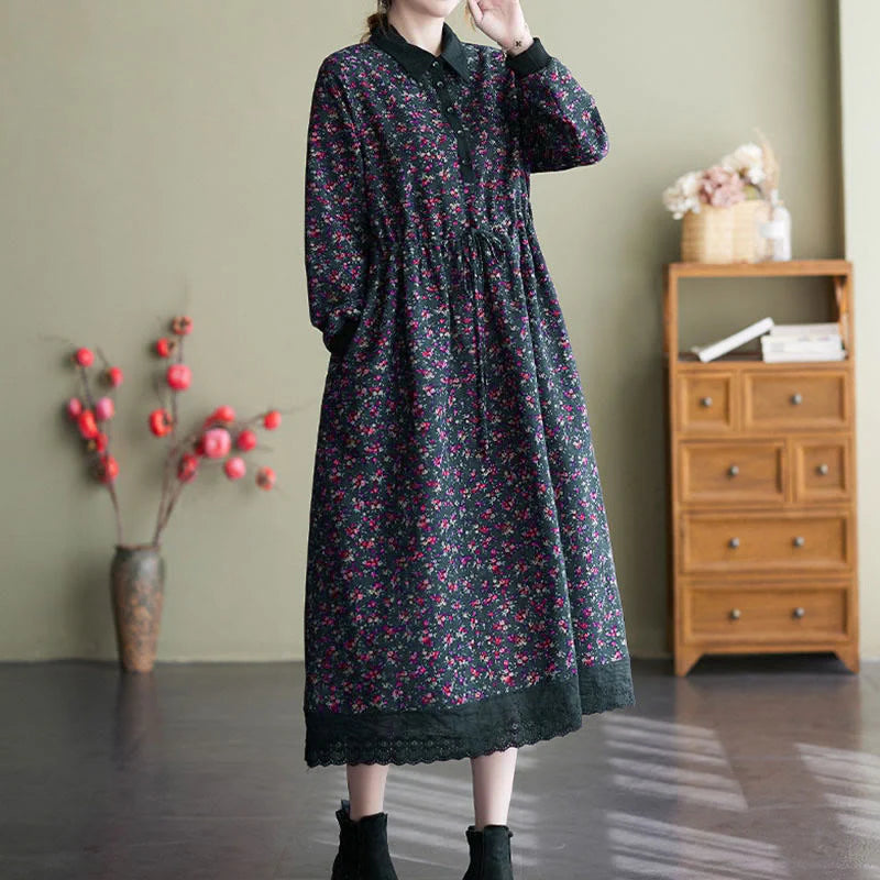 Buddha Stones Ethnic Printed Drawstring Long Sleeve Cotton Midi Dress With Pockets