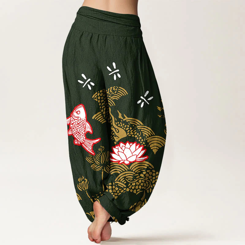 Buddha Stones Pure Cotton Koi Fish Lotus Flowers OceanÂ Women's Elastic Waist Harem Pants