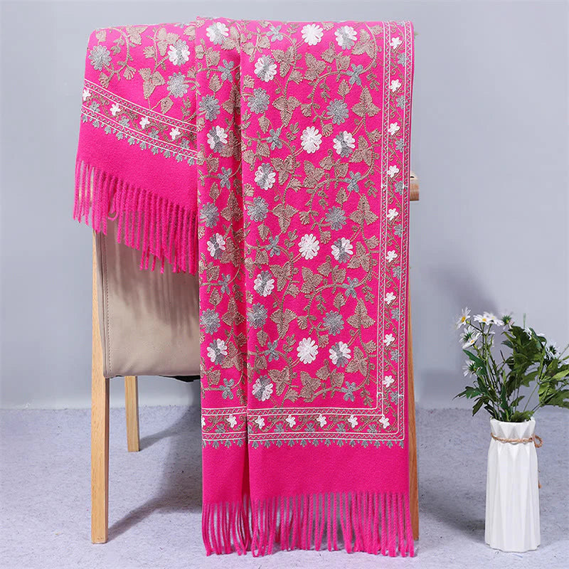 Buddha Stones Polyester Shawl Cashew Flowers Embroidery Tassel Winter Cozy Travel Scarf Wrap